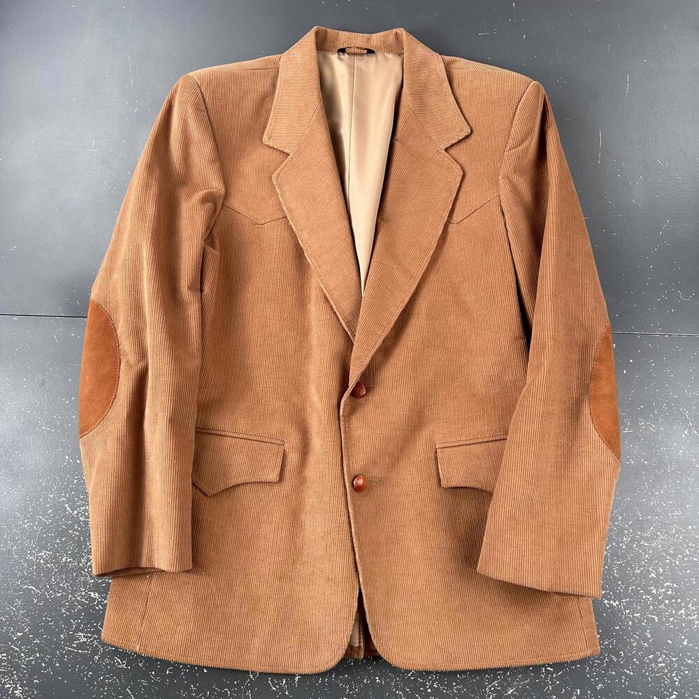 VTG Pioneer Wear Blazer 40R Tan Camel Pinwale Corduroy Elbow Patch Western USA